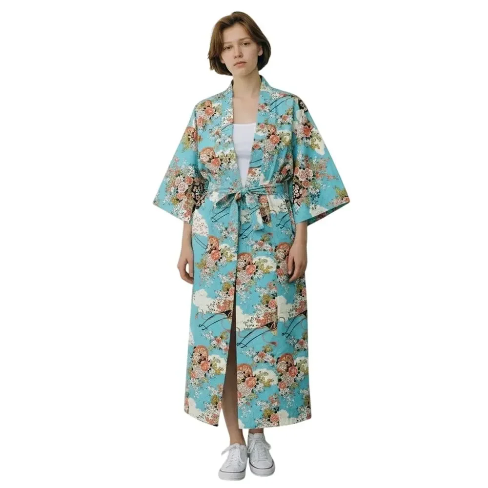 Vintage 1960s Japanese Rayon Kimono Robe Aqua Blue Floral Cloud Print OS -